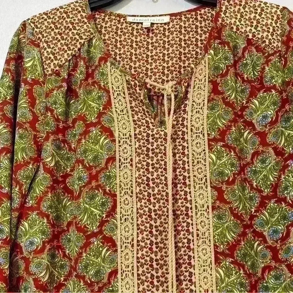 Daniel Rainn Womens S Red Brown Pattern Long Sleeve Boho Crochet Tassel Blouse - Picture 2 of 12